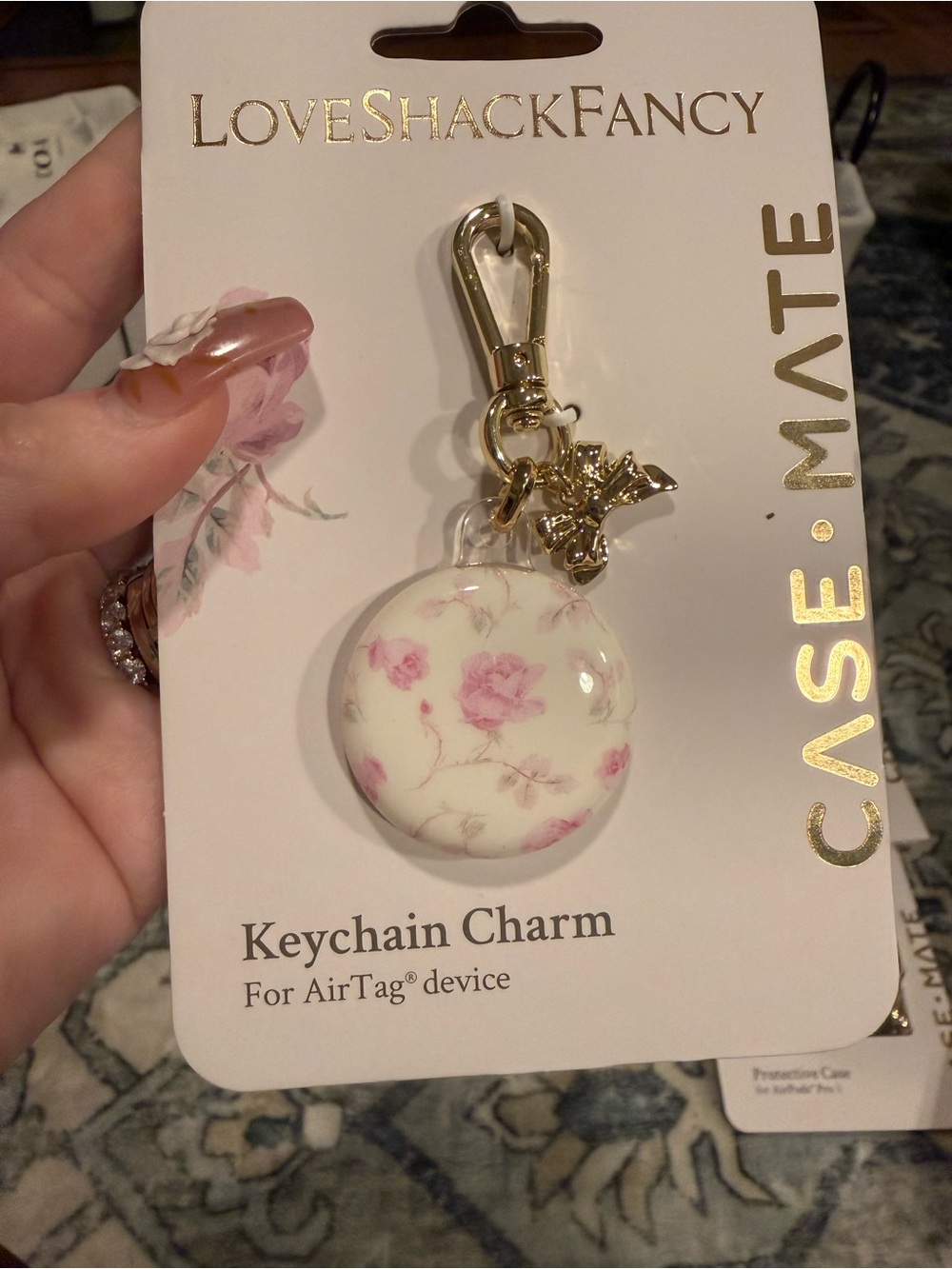 LoveShackFancy Floral AirTag Keychain Charm - Pink on Cream NWT